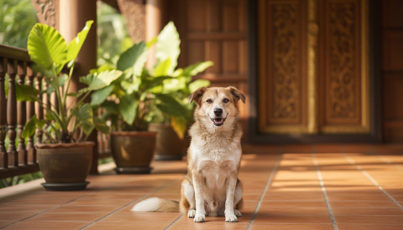 A happy rescue dog sitting on a sunny porch in Thailand