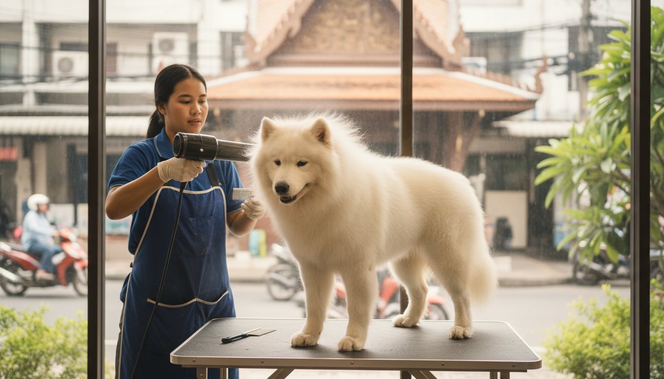 A professional groomer drying a fluffy dog in Bangkok