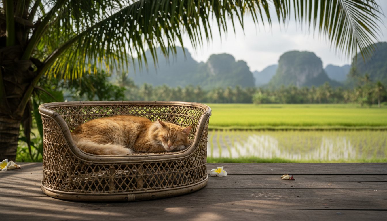 A cat curled up inside a beautifully crafted round rattan bed