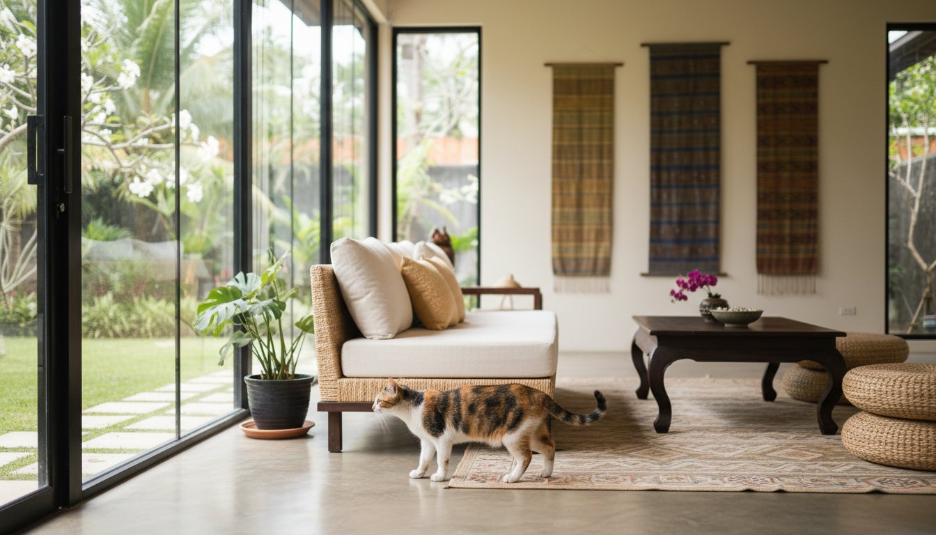 A domestic shorthair cat exploring a bright, modern Thai living room
