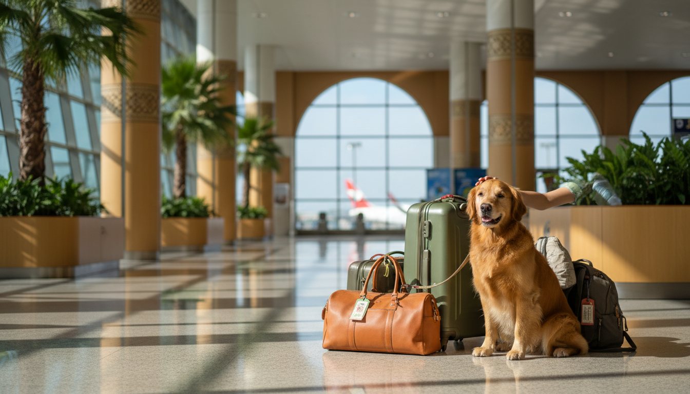 A happy golden retriever waiting patiently at Suvarnabhumi Airport.