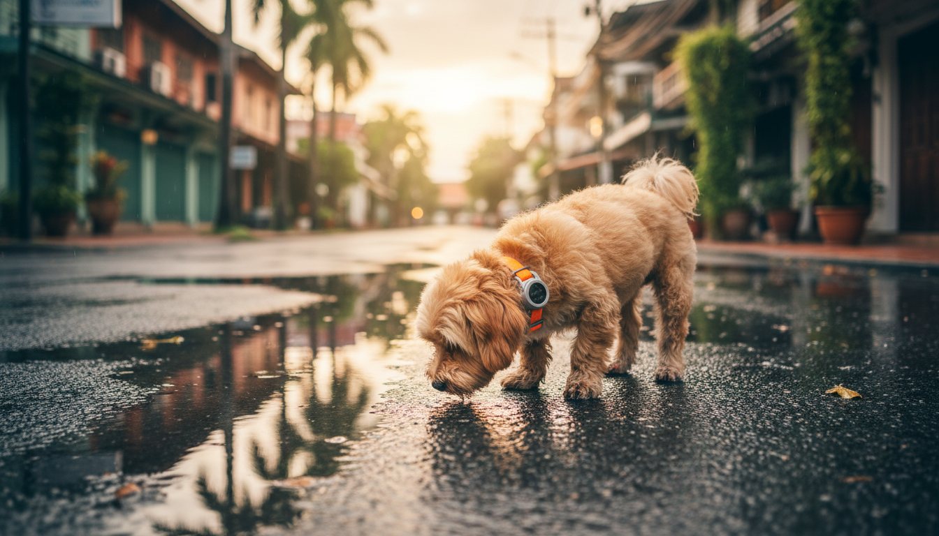 A small dog exploring a wet street after a tropical rain