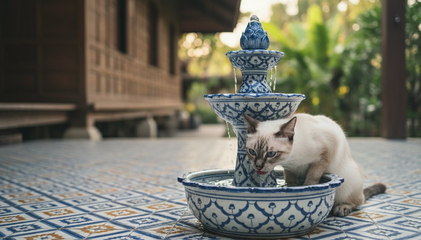 A cat drinking from a ceramic water fountain on a tiled floor