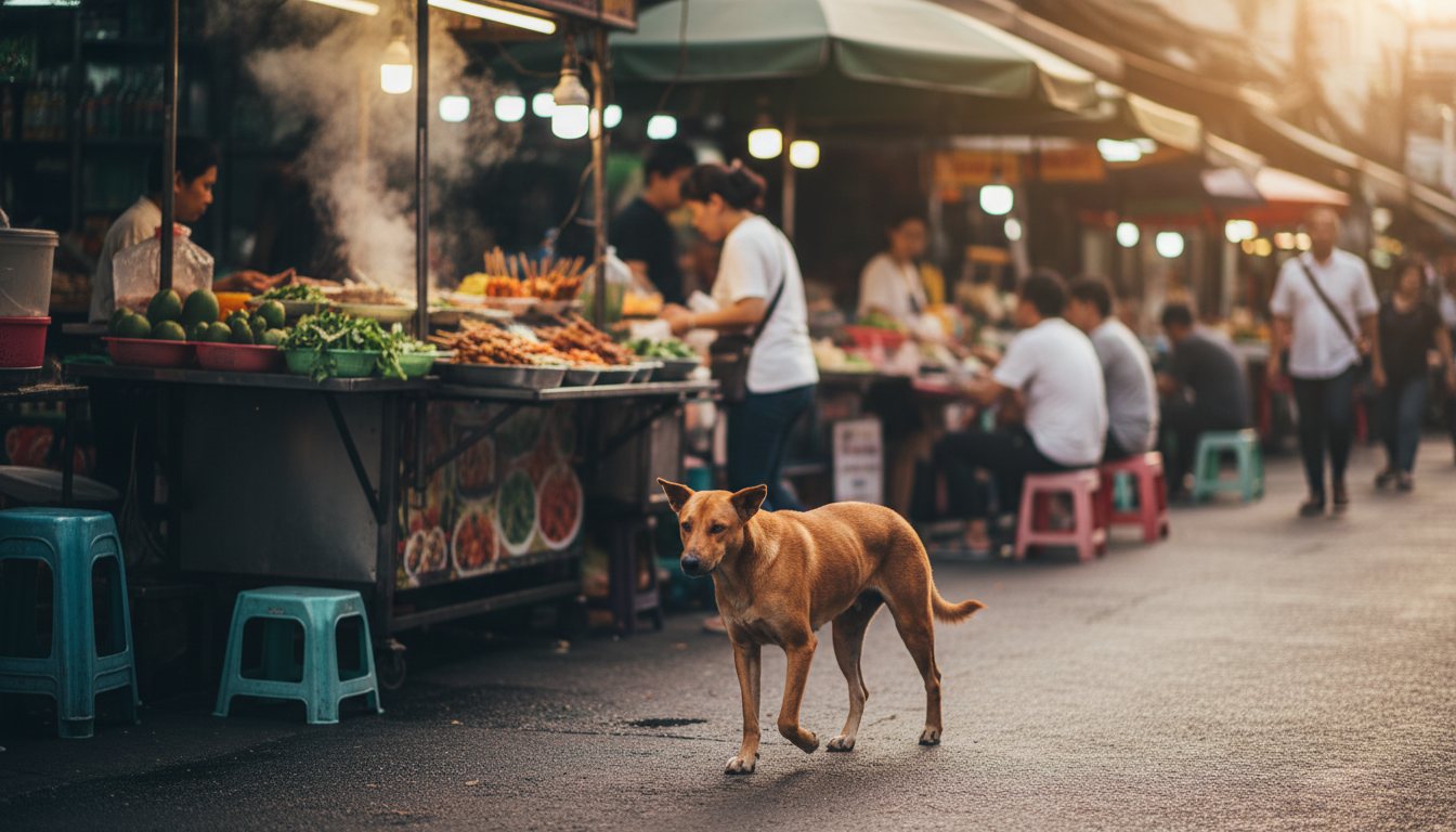A dog walking calmly past a Bangkok street food stall