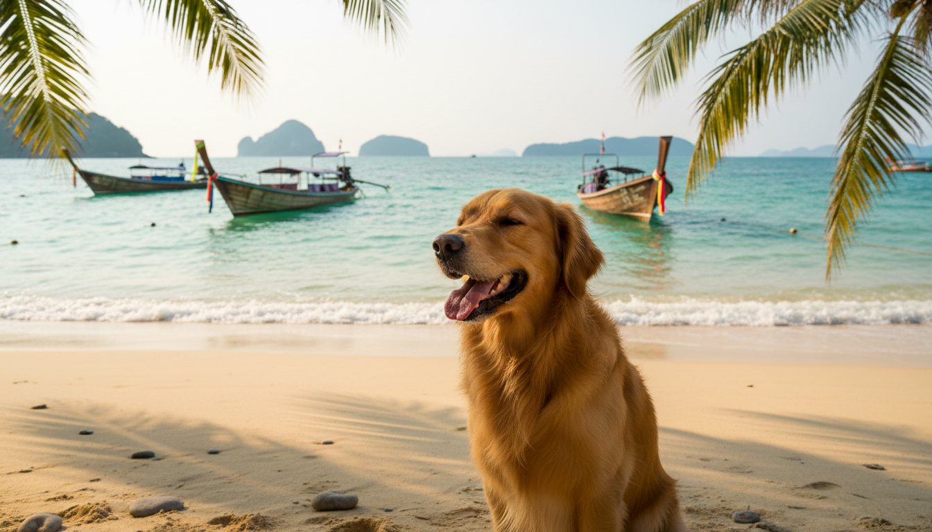 A happy golden retriever enjoying the sea breeze on a Thai beach