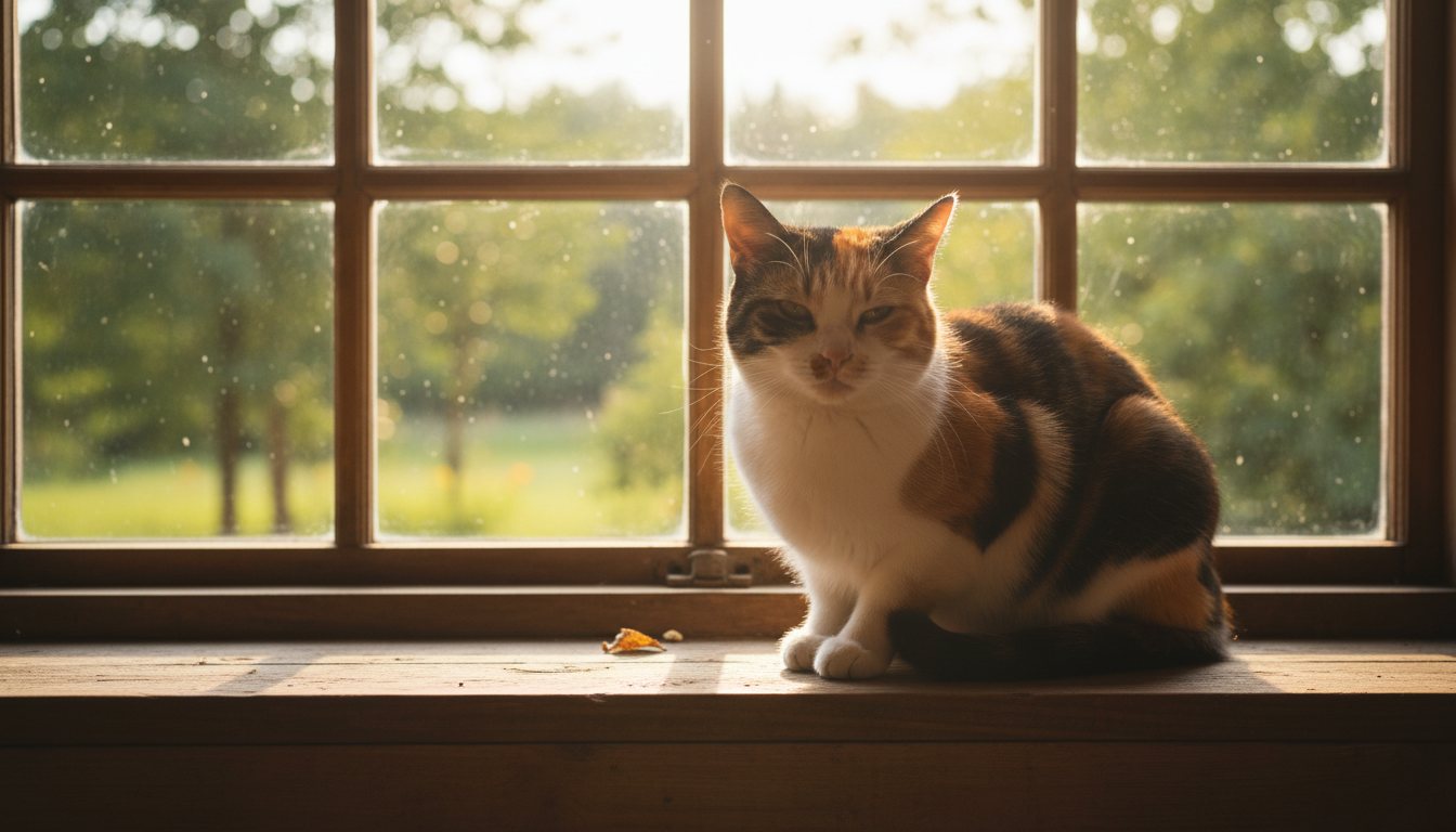 A domestic shorthair cat resting near a sunny window indoors