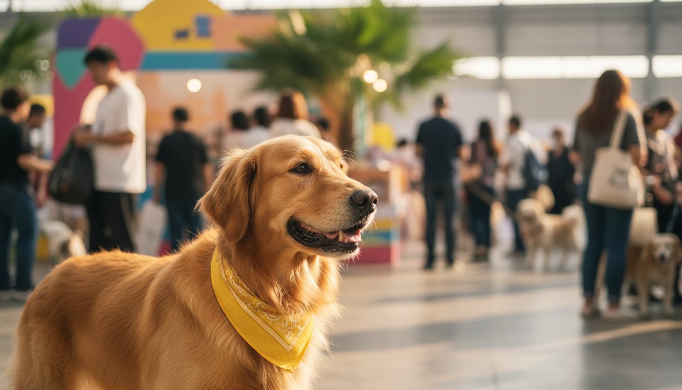 A golden retriever wearing a yellow bandana at a Bangkok pet expo