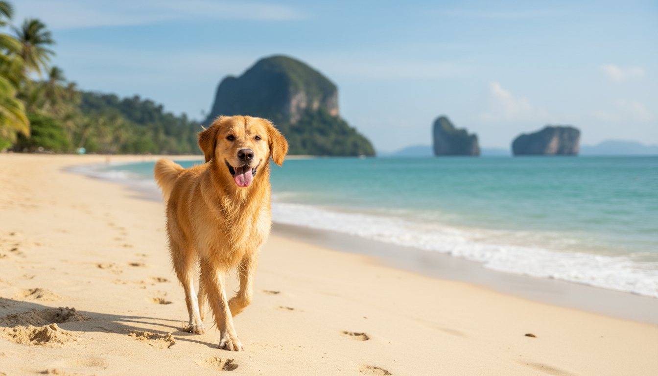 A happy golden retriever on a sandy beach in Phuket