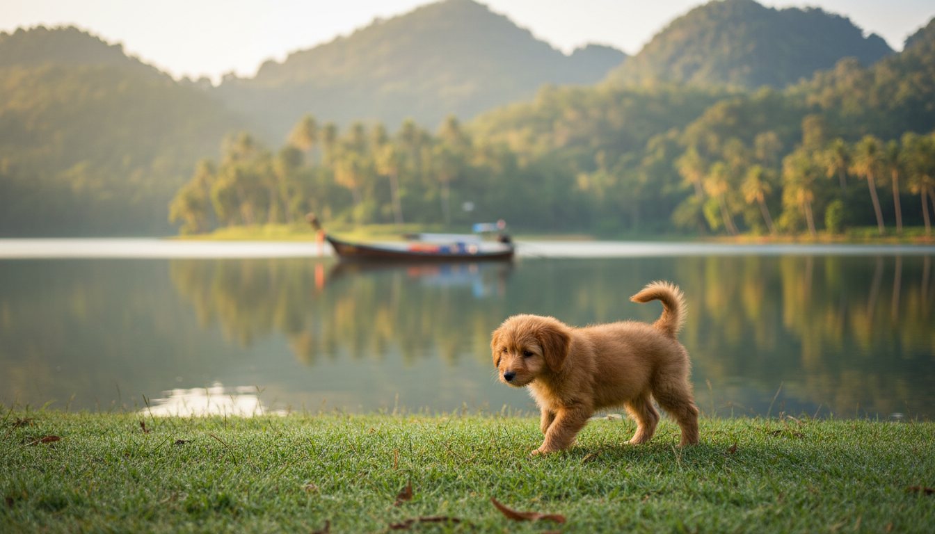 A puppy walking on grass next to a lake in Thailand