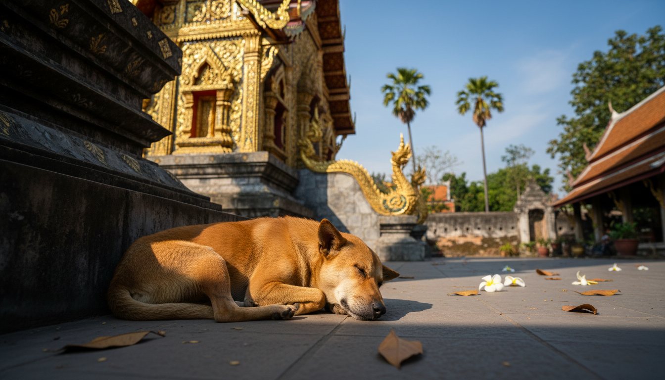 A street dog resting in the shade of a Thai temple