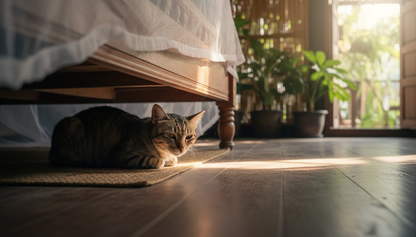 A domestic short-haired cat hiding comfortably under a bed.