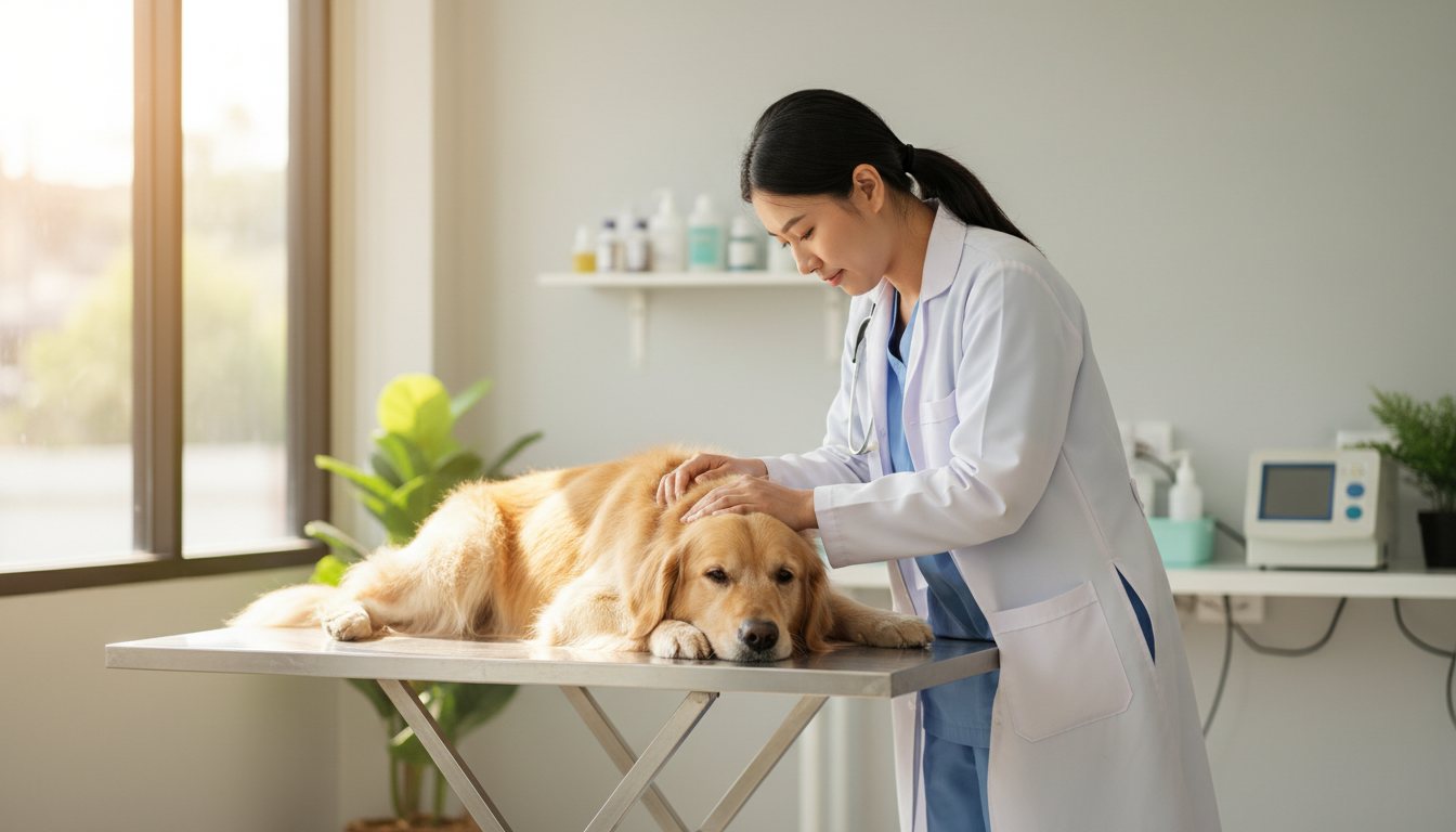 A veterinarian gently examining a dog at a clinic in Thailand