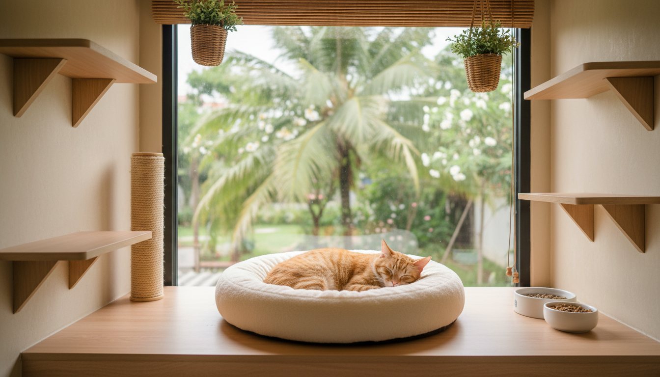 A relaxed cat resting inside a cozy, well-lit cat hotel room
