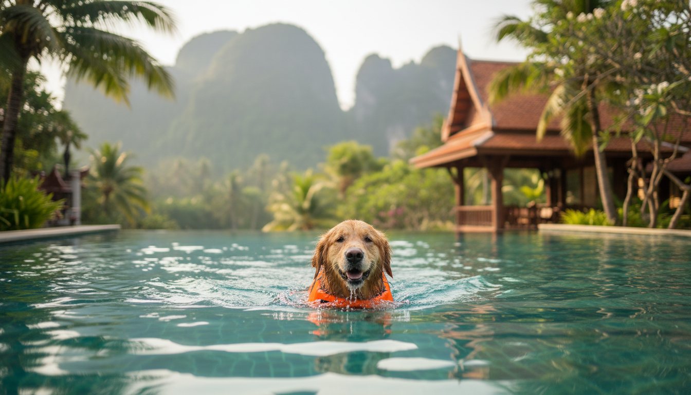 A golden retriever wearing a bright life jacket in a pool