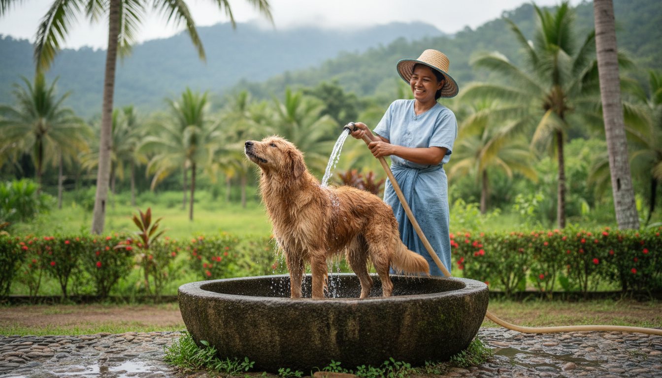 A wet dog being thoroughly rinsed with fresh water