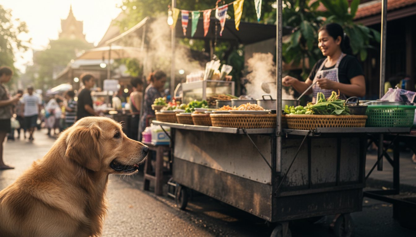 A golden retriever looking at a Thai street food stall
