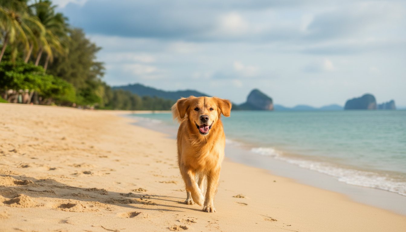 A happy golden retriever on a sandy beach in Koh Samui